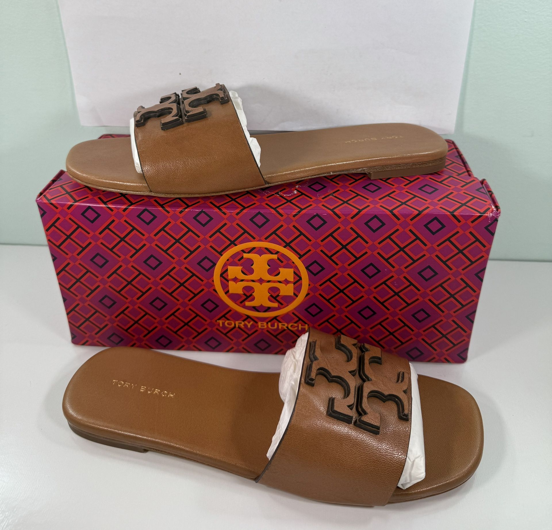 New Tory Burch Women’s Ines Flat Slide Goat Leather Tan 240 - size 7