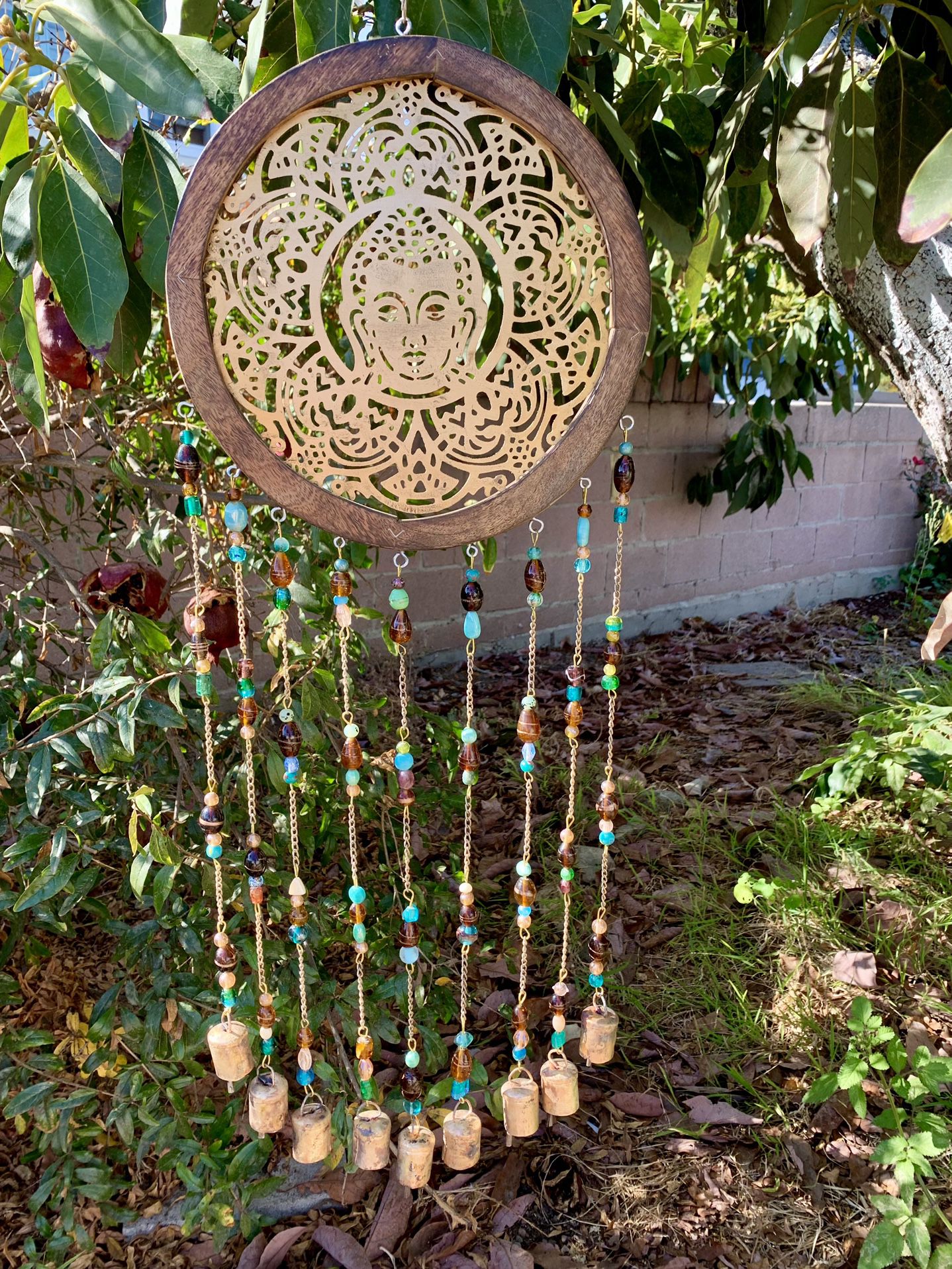 Amber Teal Large Buddha Mandala Wind Chime Sun Catcher Mobile With Glass Beads