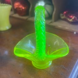 Antique Uranium Glass Miniature Basket 2 1/2" By 3  Green Glow In The Dark