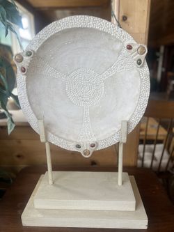 Decorative Southwestern Design Round White Wash Platter With Stand