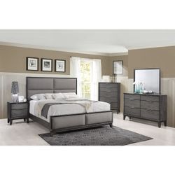 Brand new grey padded queen bedframe + dresser + mirror + nightstand 4PCs bedroom set