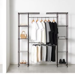 Amazon Basics Adjustable Expandable Metal Hanging Closet Storage Organizer Rack with Shelves, 57-80''L x 14''W x 72''H, Black