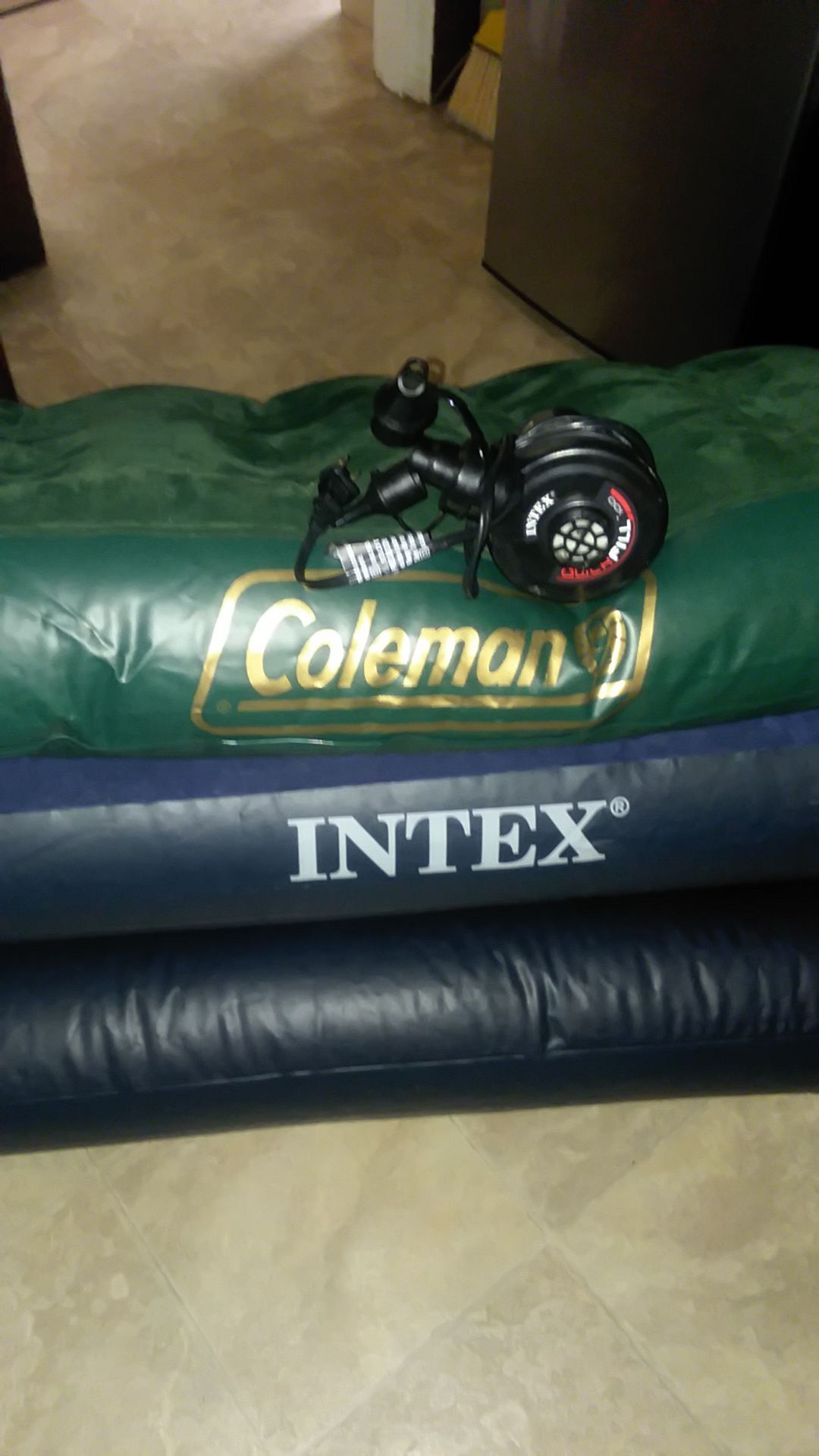 Intex full size blow up matrass and air pump included and a twin size Coleman blow up matrass in great condition only 30 for everything