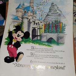 Rare Original 1986 Disneyland Honorary Citizen Certificate Walt Disney Company