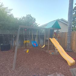 Outdoor Solid Wood Swing Set With Slide And 3 Swings