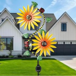 Solar Sunflower Wind Spinner Garden Stake with LED Lights - NEW Sealed.