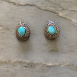 Large Navajo Sterling And Turquoise Clip Earrings