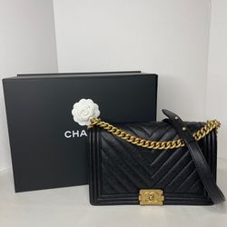 Authentic Chanel Large Boy Bag Black Chevron Caviar/ Ghw Leather Crossbody Shoulder Bag❌SOLD❌