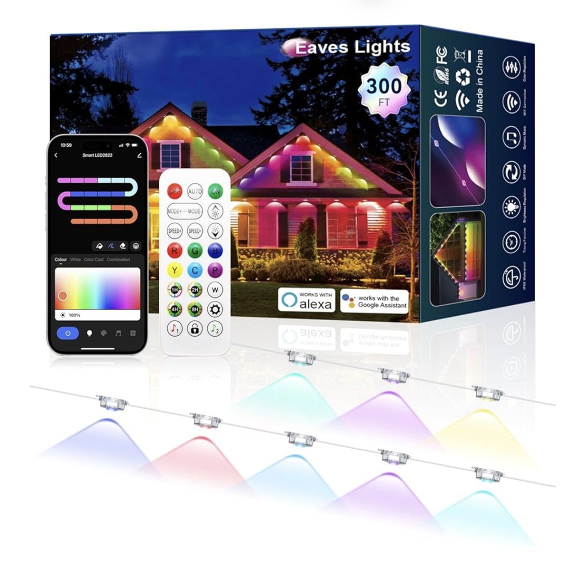 Permanent Outdoor Lights, RGB+IC Smart Outdoor Halloween Lights for House, 300ft with 150 LED, IP67 Waterproof LED Light for Halloween Christmas Decor