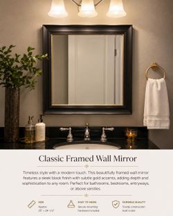 Classic Black Framed Wall Mirror – 25” x 24.5” | Elegant Vanity & Bathroom Accent Mirror