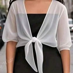 Chiffon Cardigan Tie Women's Solid Color White Front Knot Shirt Summer Vacation Cover Up Beach Outfits Spring Casual Blouse Short Top Wedding Outfit