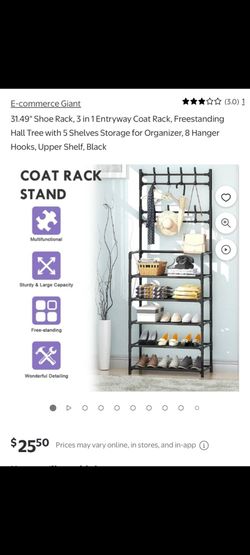 31.49" Shoe Rack, 3 in 1 Entryway Coat Rack, Freestanding Hall Tree with 5 Shelves Storage for Organizer, 8 Hanger Hooks, Upper Shelf, Black