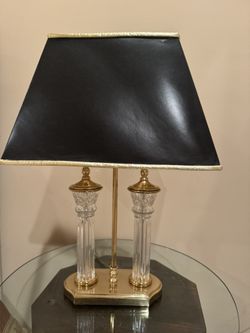 Elegant Gold & Crystal Double Column Table Lamp w/ Black Shade