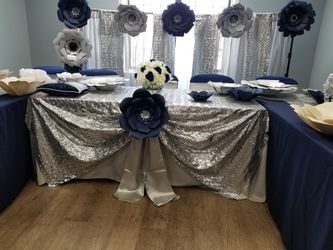 Tables, chairs,tablecloths,moonwalk and tents.