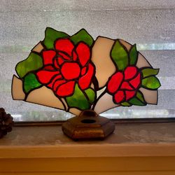 Antique Victorian Stained Glass Rose Fan Lamp