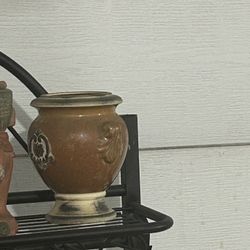 Hosley Potteries brown and tan urn-footed ceramic planter or vase.  It features a rustic, Victorian-style pattern with a brown, crackled drip glaze fi