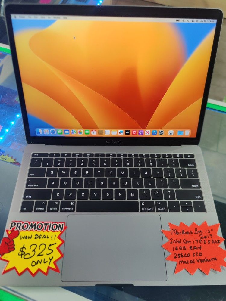 MacBook Pro 2017 13" Intel Core i7-7th Gen@2.5Ghz, 16GB Ram, 256gb SSD, MacOS Ventura Microsoft Office, Charger.