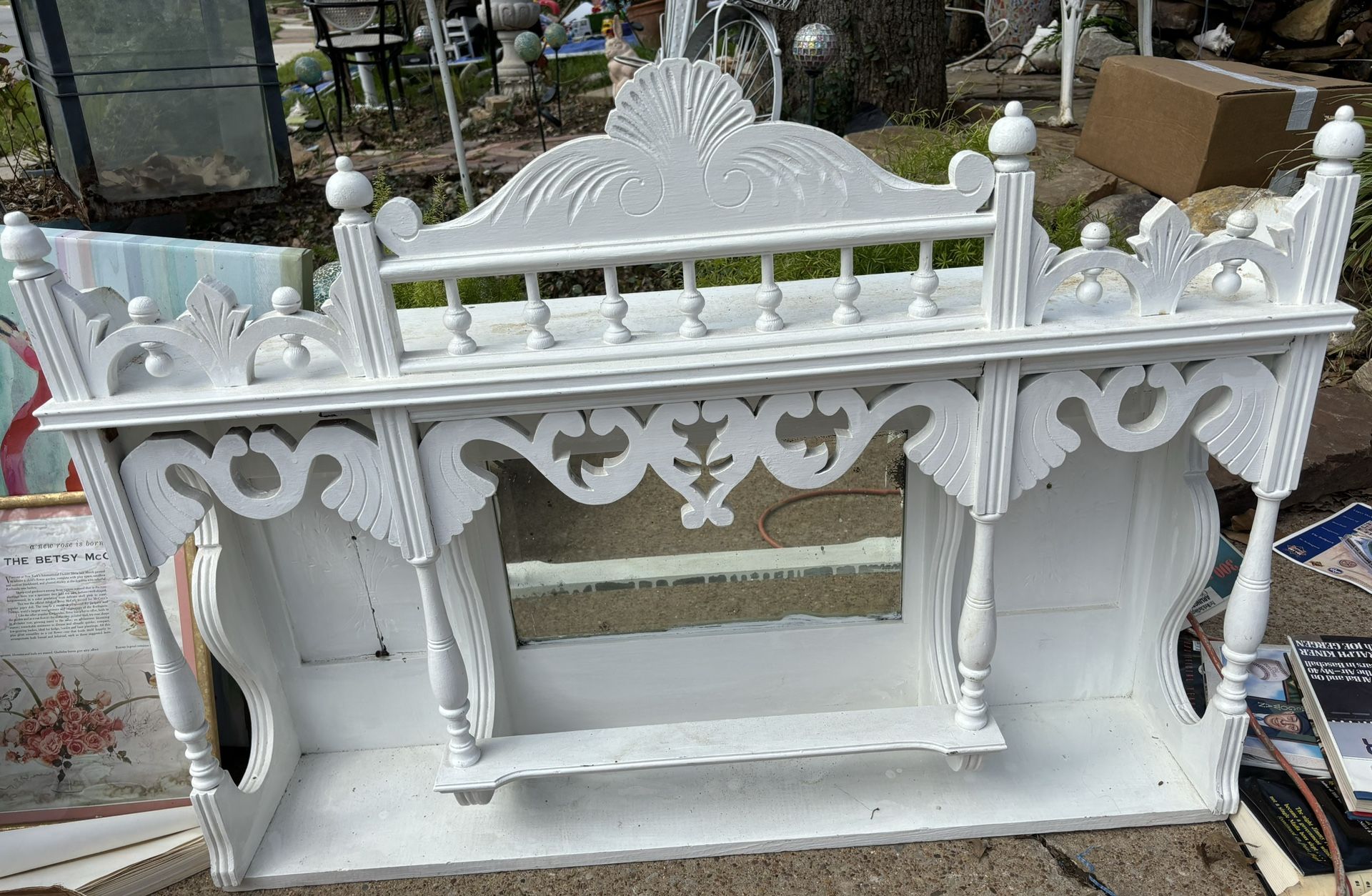 Antique Wooden Victorian Hanging Shelf With Mirror 