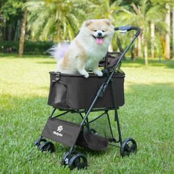 Stroller with 4 Wheels, Foldable Pet Travel Carrier for Small/Medium Dogs Cats up to 50lbs, Detachble Portable Pet Bag, Storage Basket, Car Seat 3 in 