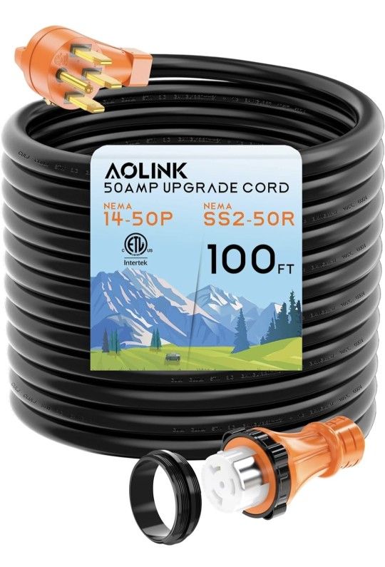 50 Amp RV/Generator Cord 100 Feet, Heavy Duty STW Wire, NEMA 14-50P to SS2-50R Twist Locking for RV Camper and Generator to House