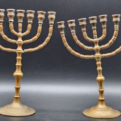2 Available Vintage Judaica 9" Tall 7 Arm Brass Jewish Temple Hanukkah Chanukah Menorahs