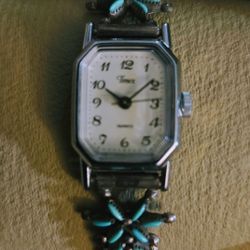 Vintage Ladies Timex Watch Turquoise And Silver Toned