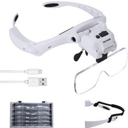 YOCTOSUN Head Magnifier with 5 LED Lights, Rechargeable Headband Magnifying Glass with 5 Interchangeable 1.2X, 1.8X, 2.5X, 3.5X, 4.5X Lenses, Great Ma