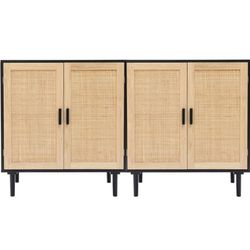 NEW/IN-BOX **UNASSEMBLED** TWO (2) LuxenHome 69" Wide (combined) Boho 4-Door Rattan Front Black/Natural Cabinet/TV Entertainment Console