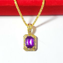  Purple  Fashion Gold Plated Gemstone Necklace Chain Filled Diamond Titanium Hip Hop Pendant Necklace