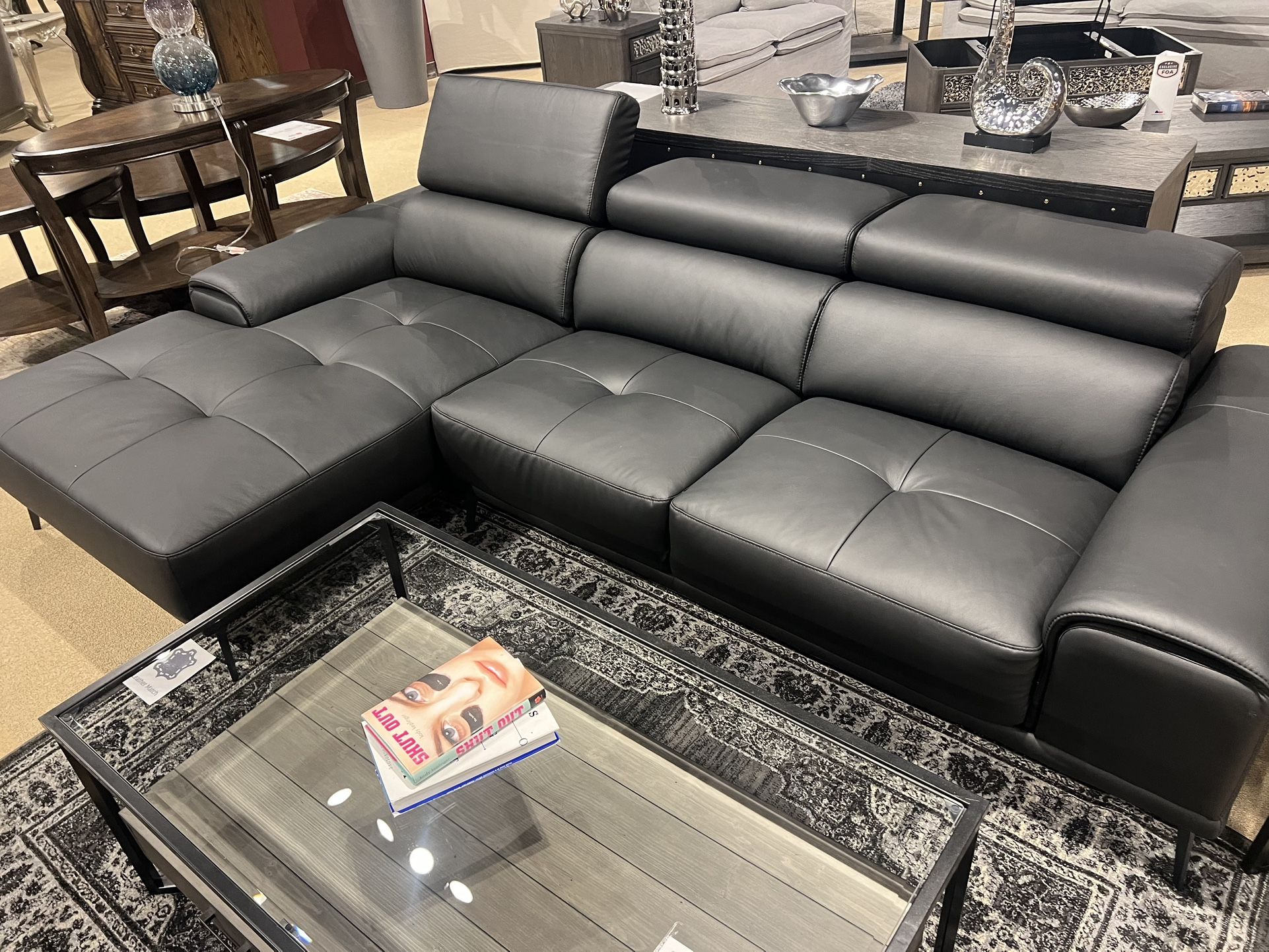 New Reversible Sectional W Adjustable Headrests. Black Leather Match. 110x68Dx29H. Free Delivery!