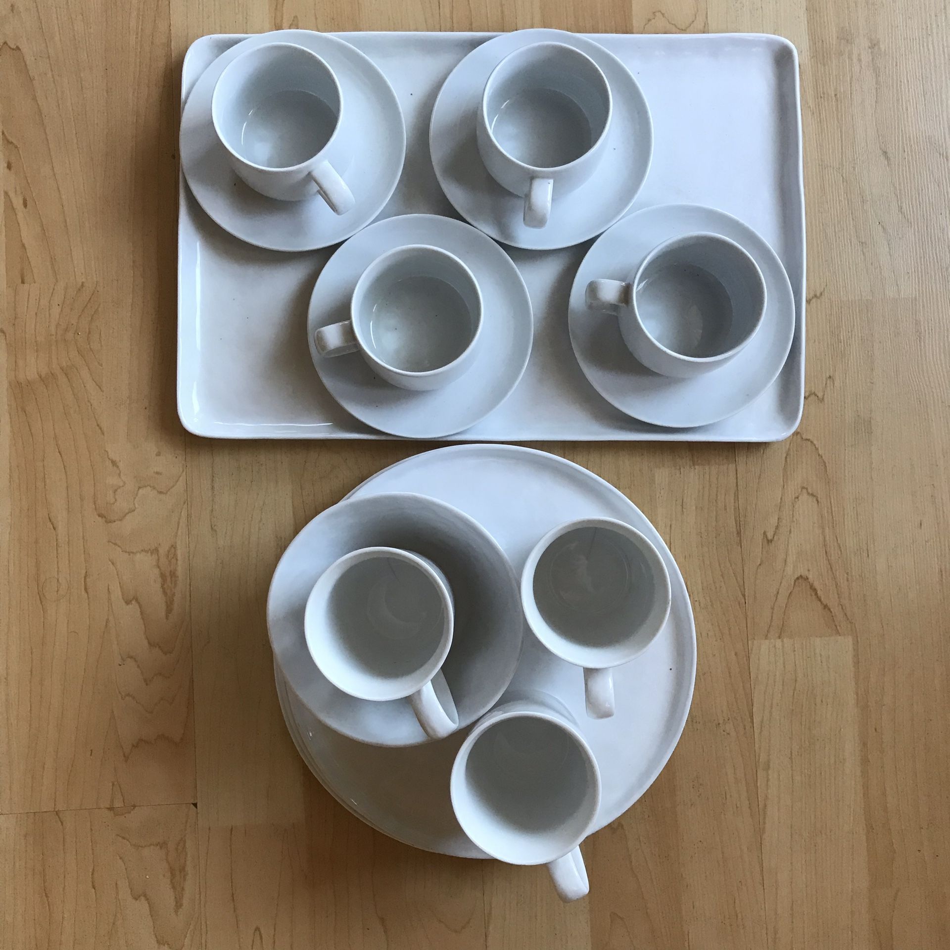 Crate & Barrel Aaron Probyn tea & coffee cups, saucers, tray, plates, and one bowl