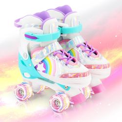 New- Adjustable Four Size, Youth Size 1-4 Quad Roller Skates With Light Up Wheels