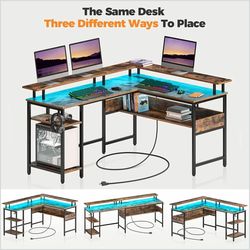 Rolanstar Computer Desk L-Shaped Computer Desk with LED Strip and Power Outlets, Reversible L-Shaped Corner Desk with Monitor Stand, Gaming Desk with 
