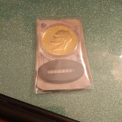 Rare Golden Eisenhower Bicentennial Dollar Coin, With COA, Plus Coin Stand All Still In Package.