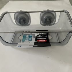 OXO Stronghold Suction Large Basket: Stainless Steel & Plastic Shower Organizer with Suction Grip.