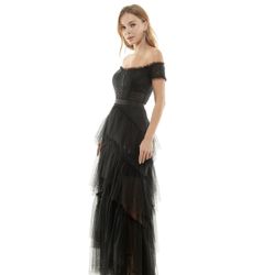 BLACK PROM DRESS - LONG GOWN - OFF THE SHOULDER - SEQUINS MACYS