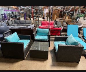 New assembled set of 4pcs armrest chairs with blue cushions and table (while supplies)