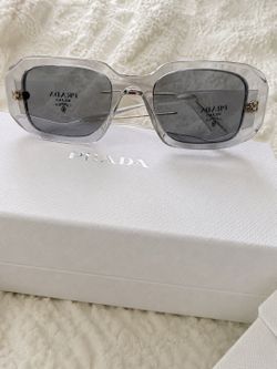 Prada Transparent Grey Rectangular Sunglasses with Gold Accents