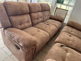 2 Brown Recliner Couches W/Center Console Charging Station