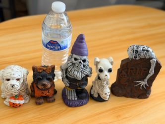 Halloween Mini Figurines Set of 5 (Dogs, Skeleton Gnome, RIP Tombstone)
