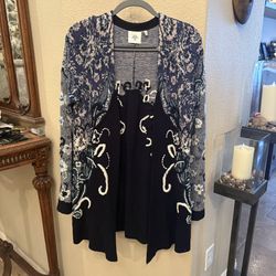 Anthropologie HWR Monogram Emmia Blue Hand-Stitched Embroidered Open Cardigan-S