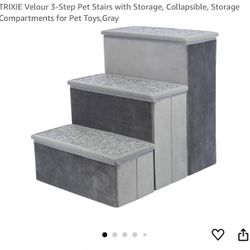 TRIXIE Velour 3-Step Pet Stairs with Storage, Collapsible, Storage Compartments for Pet Toys,Gray