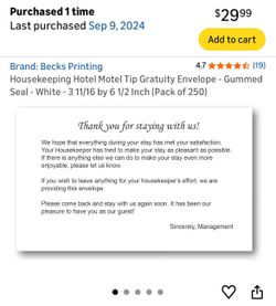 Housekeeping Hotel/BNB/Motel Tip Gratuity Envelope - Pack of 244