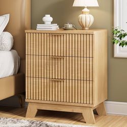 Fluted Nightstand, 24" Wide Side Table with 3 Large Storage Drawers, Mid Century Modern Wood Night Stand with Metal Handle, Wooden Bedside End Table f
