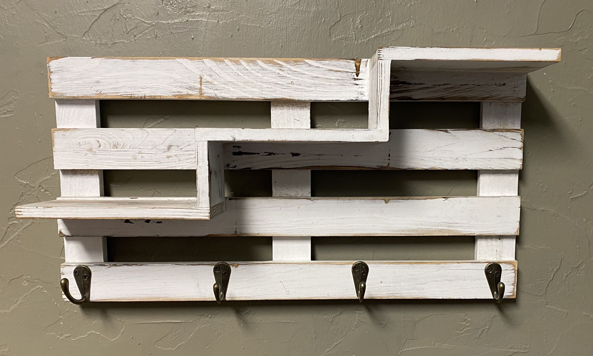 White Wash Wood Farmhouse Shelf with Hooks