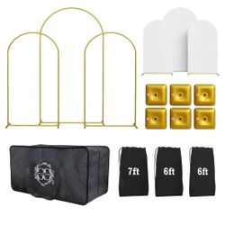 Metal Arch Backdrop Stand Set of 3 Gold with White Spandex Covers – 7.2ft/6ft/6ft Arches, Carrying Case and Bags, Water Weights for Wedding, Birthday,