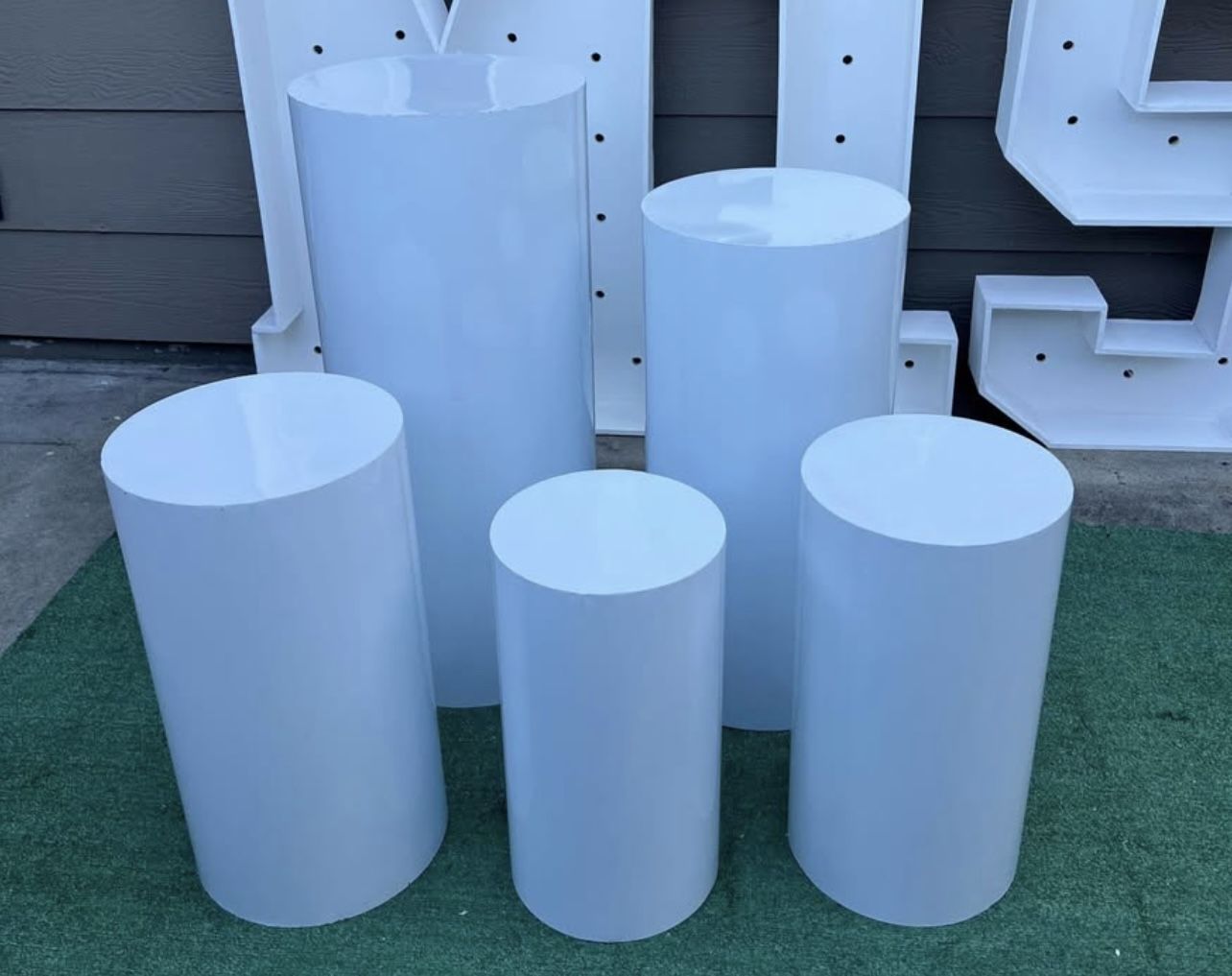 For Sale Only Set of 5 white cylinder pedestals
