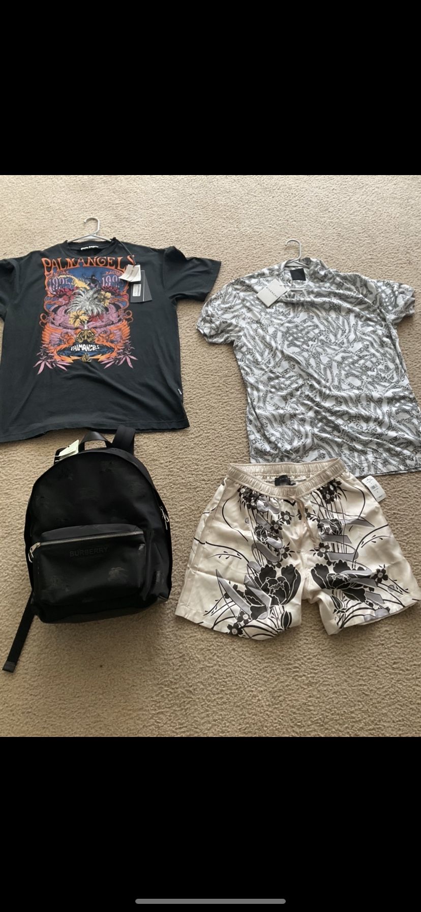 Burberry Book bag, Palm Angels Tee (M) Givenchy Tee (M) Amiri Shorts (M)