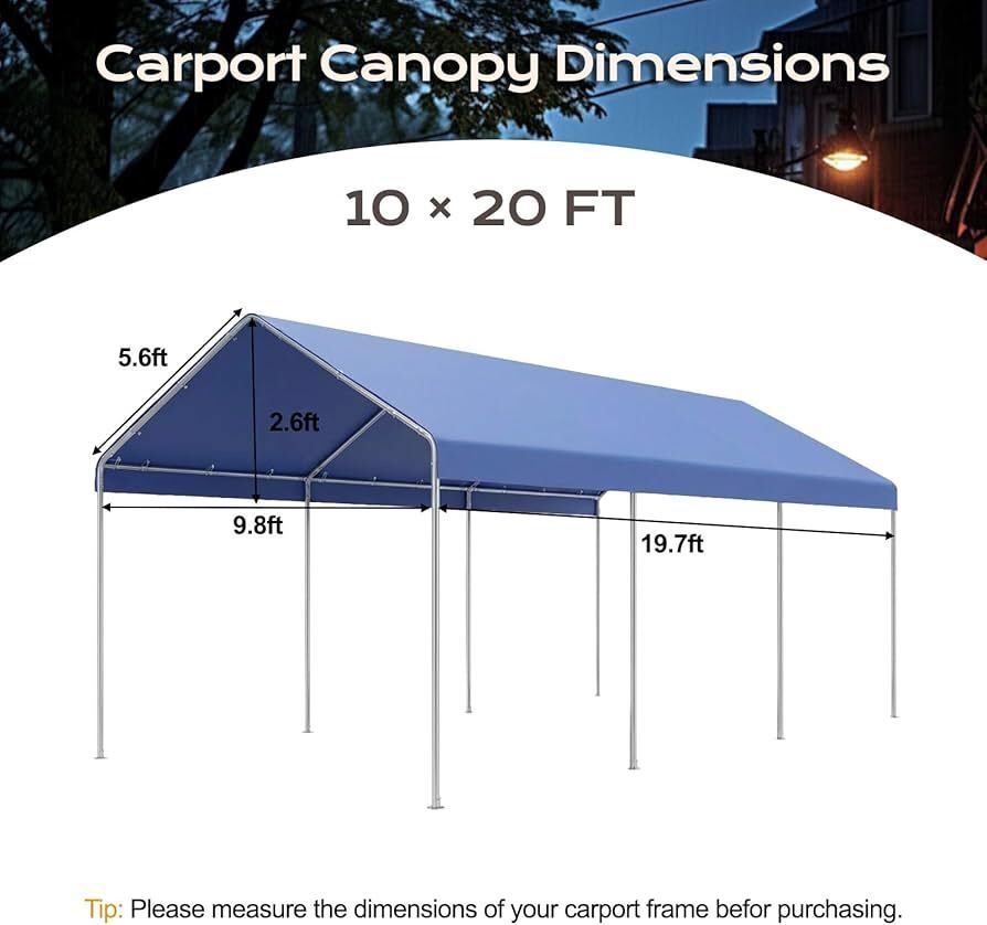 10 x 20 FT Carport Replacement Canopy Cover with Extra-Long Ball Bungees, Garage Top Tent Shelter Tarp for All Weather, Only Cover, Blue
