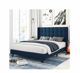 Navy Blue Upholstered Platform Bed Frame